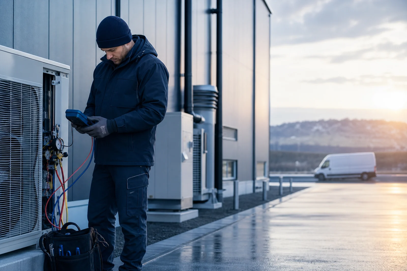 Illustrative HVAC technician checking equipment at a service location