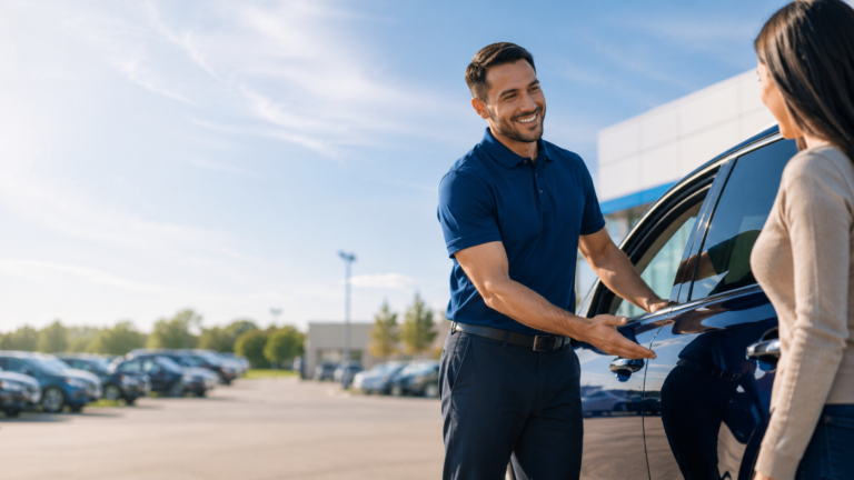 Auto dealer greeting a customer beside a vehicle at the dealership.