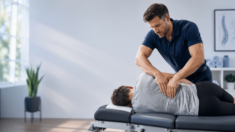 Chiropractor performing a back adjustment on a patient.