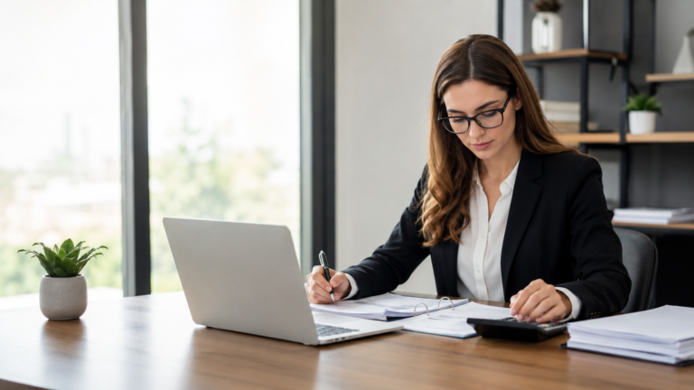 CPA reviewing financial documents and calculations at an office desk.