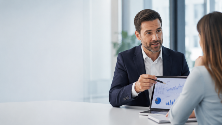 Financial advisor reviewing charts and performance data with a client.