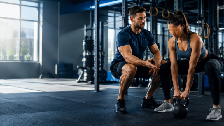Personal trainer coaching a client during a kettlebell workout in a gym.