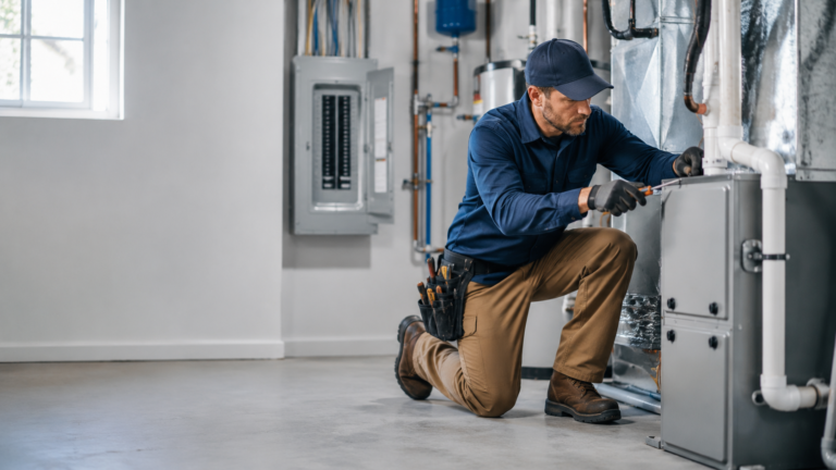HVAC technician servicing a residential furnace and ventilation system.