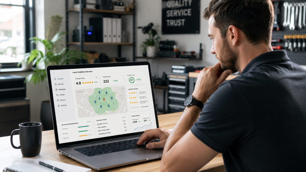 Business owner reviewing a local SEO visibility dashboard on a laptop.