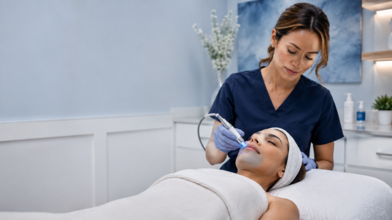 Med spa provider performing a facial skin treatment for a client.