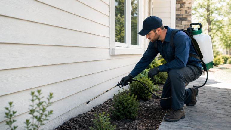 Pest control technician treating the exterior of a home.