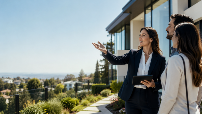 Real estate agent speaking with clients outside a modern home during a property tour.