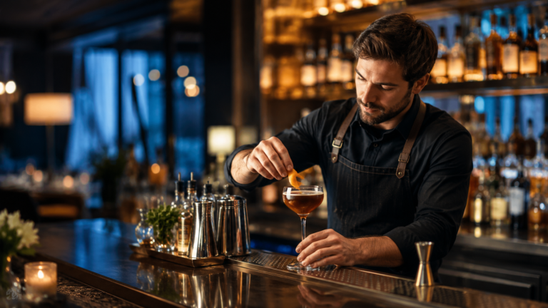 Bartender preparing a cocktail behind the bar at a restaurant lounge.