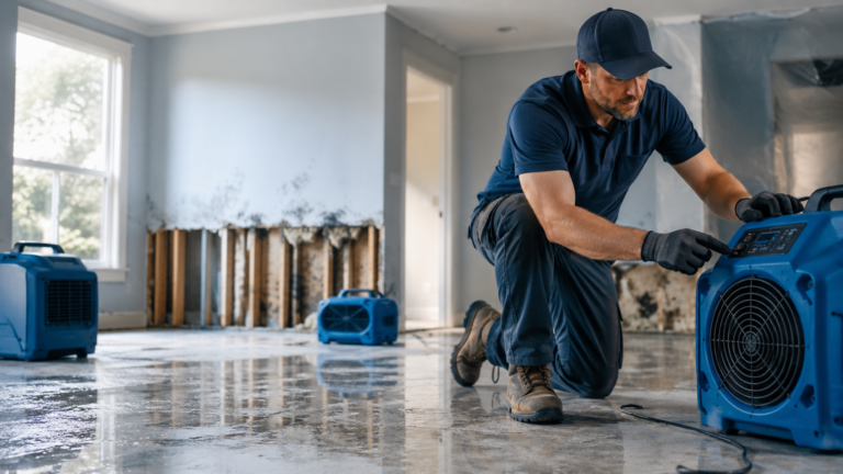 Restoration contractor setting up drying equipment after water damage inside a home.