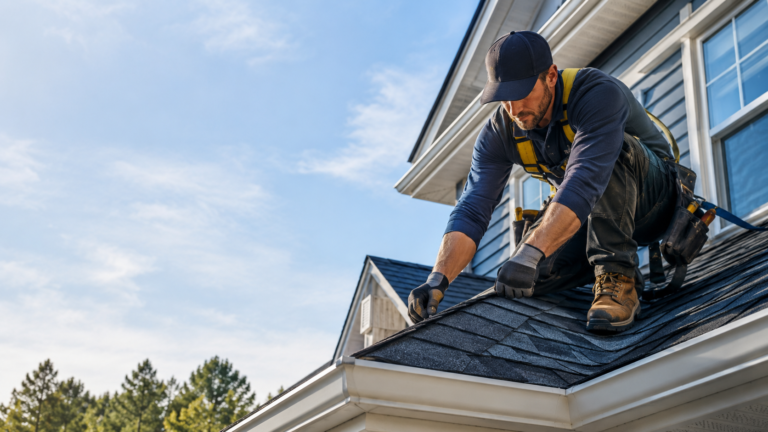 Roofing contractor repairing shingles on a residential roof.