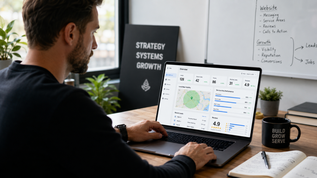 Business owner reviewing a service business growth dashboard and lead strategy on a laptop.