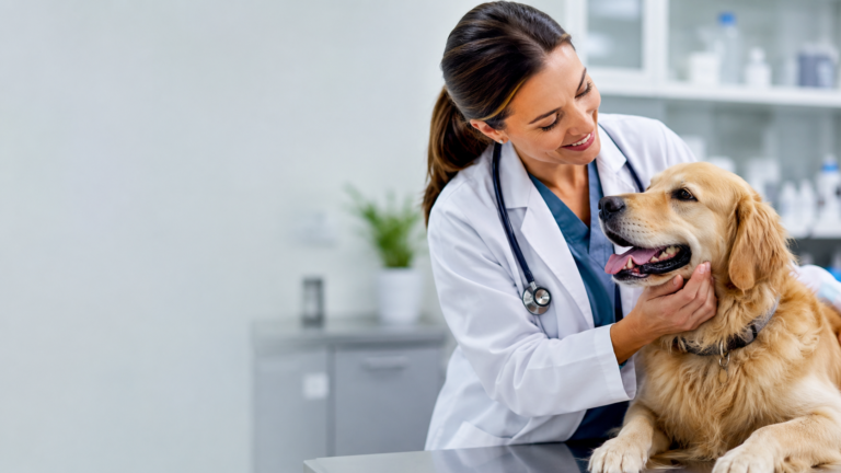 Veterinarian examining a dog in a clinic exam room.